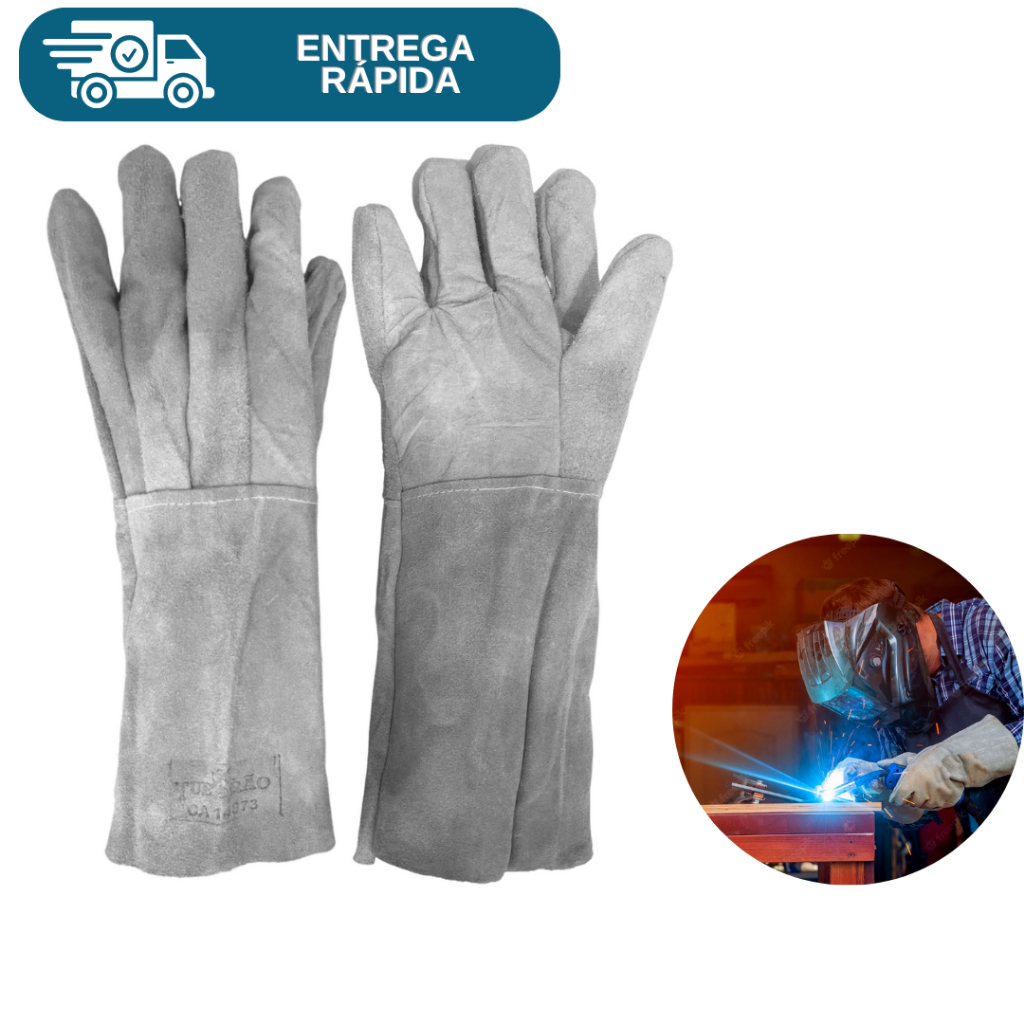 Luva Couro De Raspa Punho 20cms Cano Longo Proteção Segurança Para Pedreiro Soldador Epi