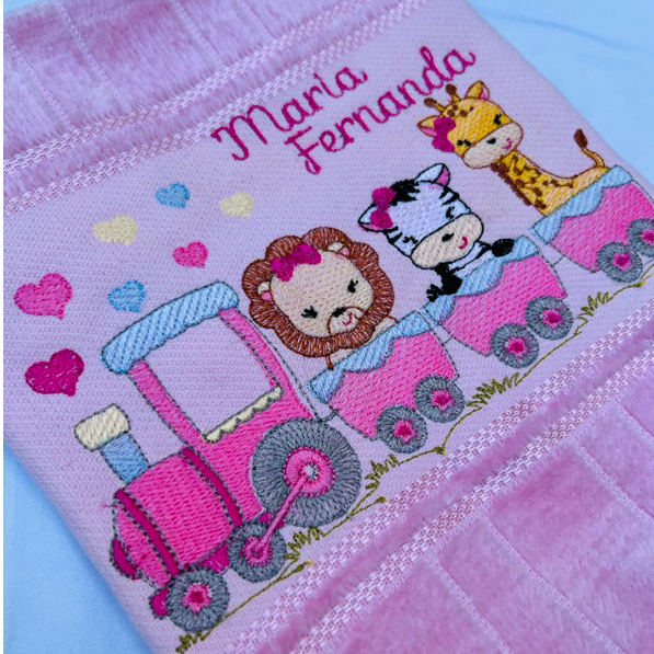 Toalha Bordada Personalizada Safari Trenzinho Menina
