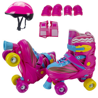 Patins infantil 4 Rodas Retro Classico Roller quad  + kit proteção Brinquedos de Criança Rosa kit patins completo roller infantil feminino menina ajustável  34 quatro rodas sou luna numero 33 34 35  spy luna 4 5 6 7 8 9 10 11 anos presente