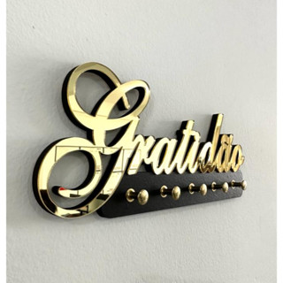 Porta Chaves Gratidão Decorativo de Parede em MDF 6mm Preto / Acrílico Dourado