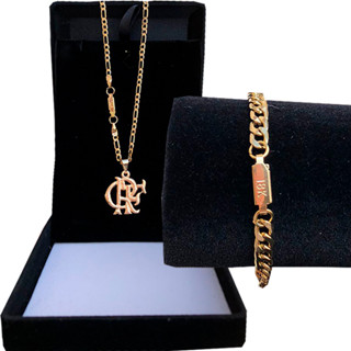Conjunto de Corrente Moeda Antiga 5mm Pingente Flamengo Pulseira Grumet 5mm
