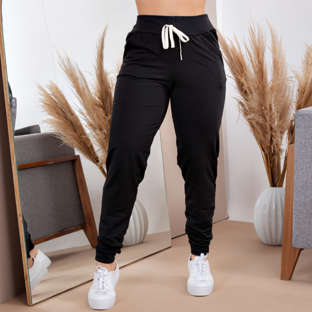 Calça Jogger Feminina Flanelada Cintura Alta com Bolso Regulável na Cintura em Oferta na Shopee