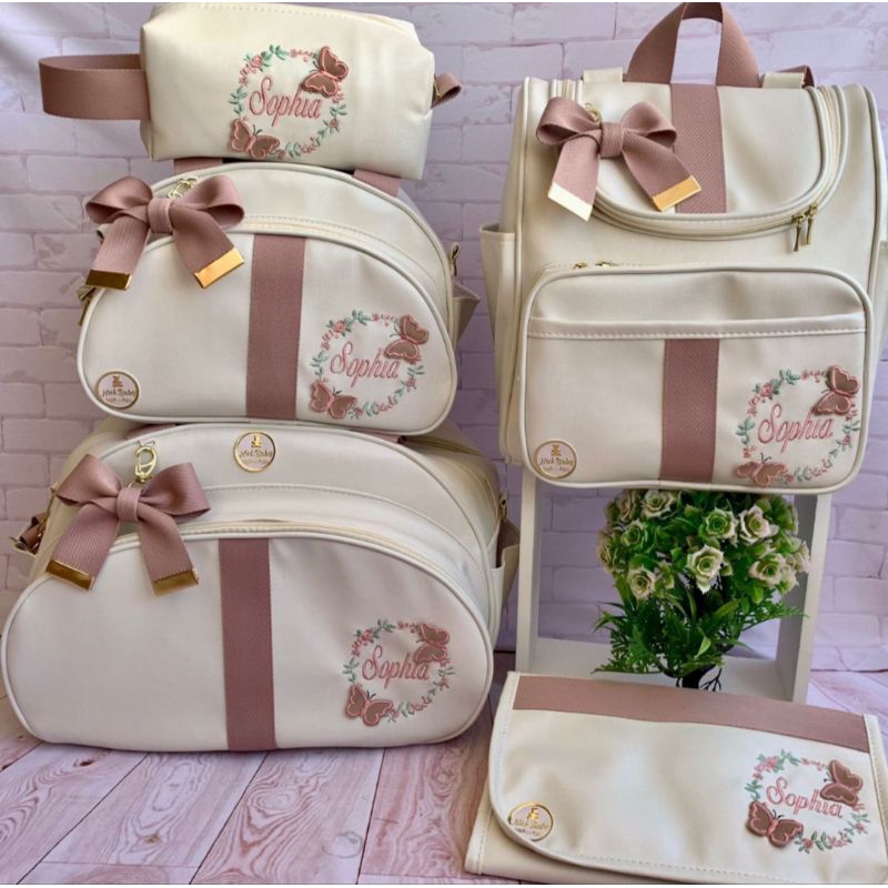 KIT MALA MATERNIDADE COM 5 PEÇAS PERSONALIZADA LUXO. BOLSAS MATERNIDADE PERSONALIZADA COM NOME DO BEBÊ. NICK BABY BOLSAS