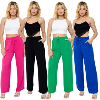 Calça Pantalona Feminina Elástico Na Cintura Com Bolso Cintura Alta Tecido Duna