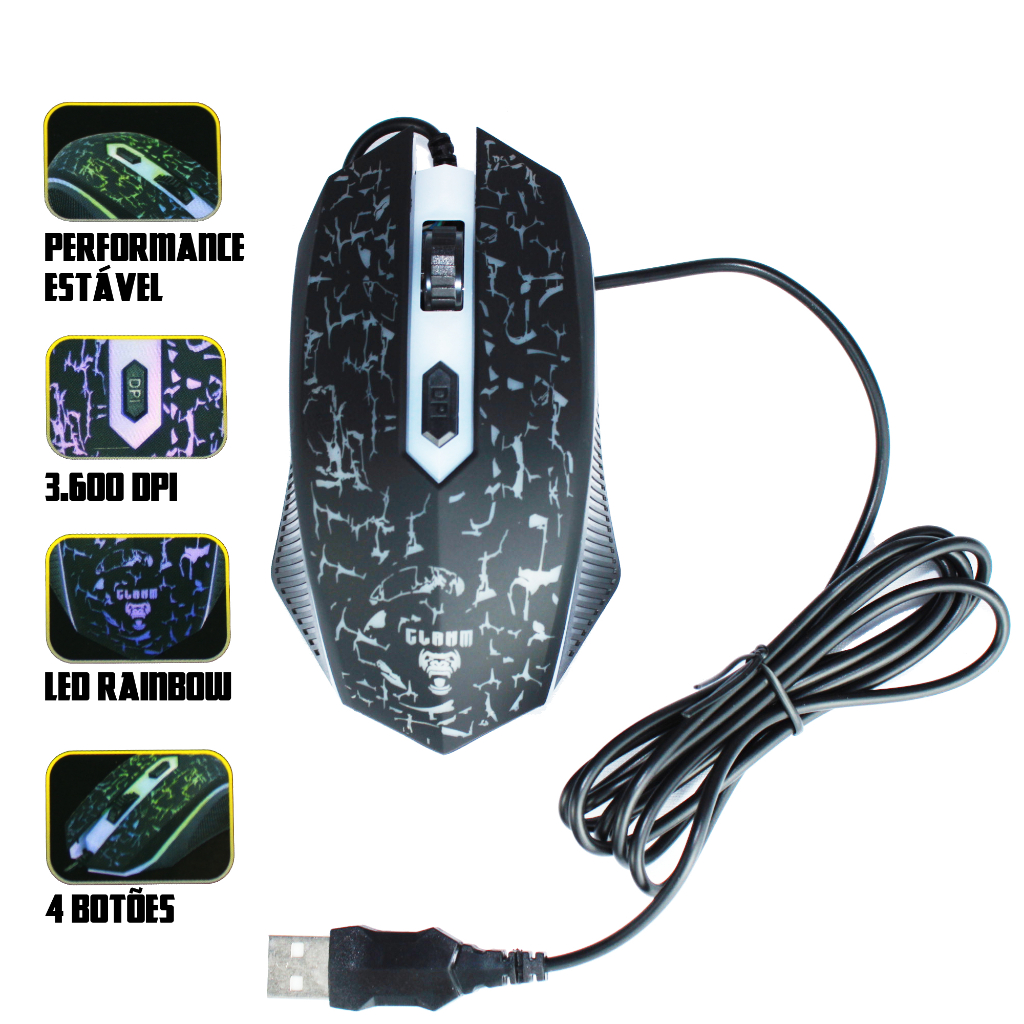 MOUSE GAMER COM FIO JUNGLE CL-MJ806 PRETO/LED/3600DPI/4D 1,5M - 4000 FPS