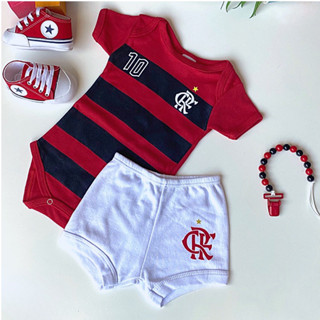 Novo Kit Flamengo Bebê Com Nome | Body, Calção Shorts, Tênis Allstr, Prendedor de Chupetas / Mordedor