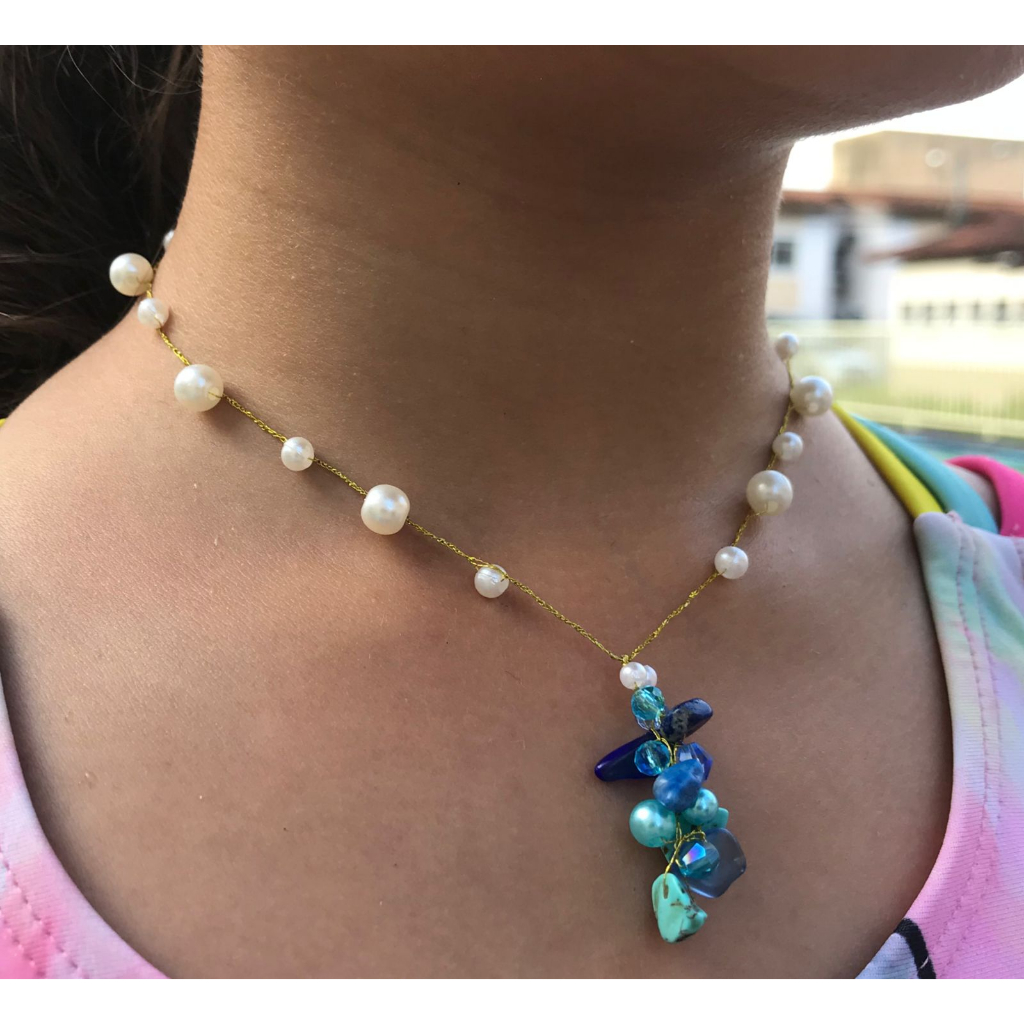 colar choker hipoalergênico, inspirado em Moana (pedras naturais lápis lazuli e turquesa azul)