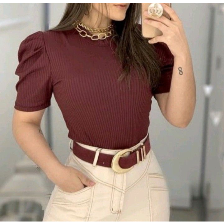 Blusa Feminina Manga Bufante Princesa Manga Curta Malha Canelada Moda Evangelica