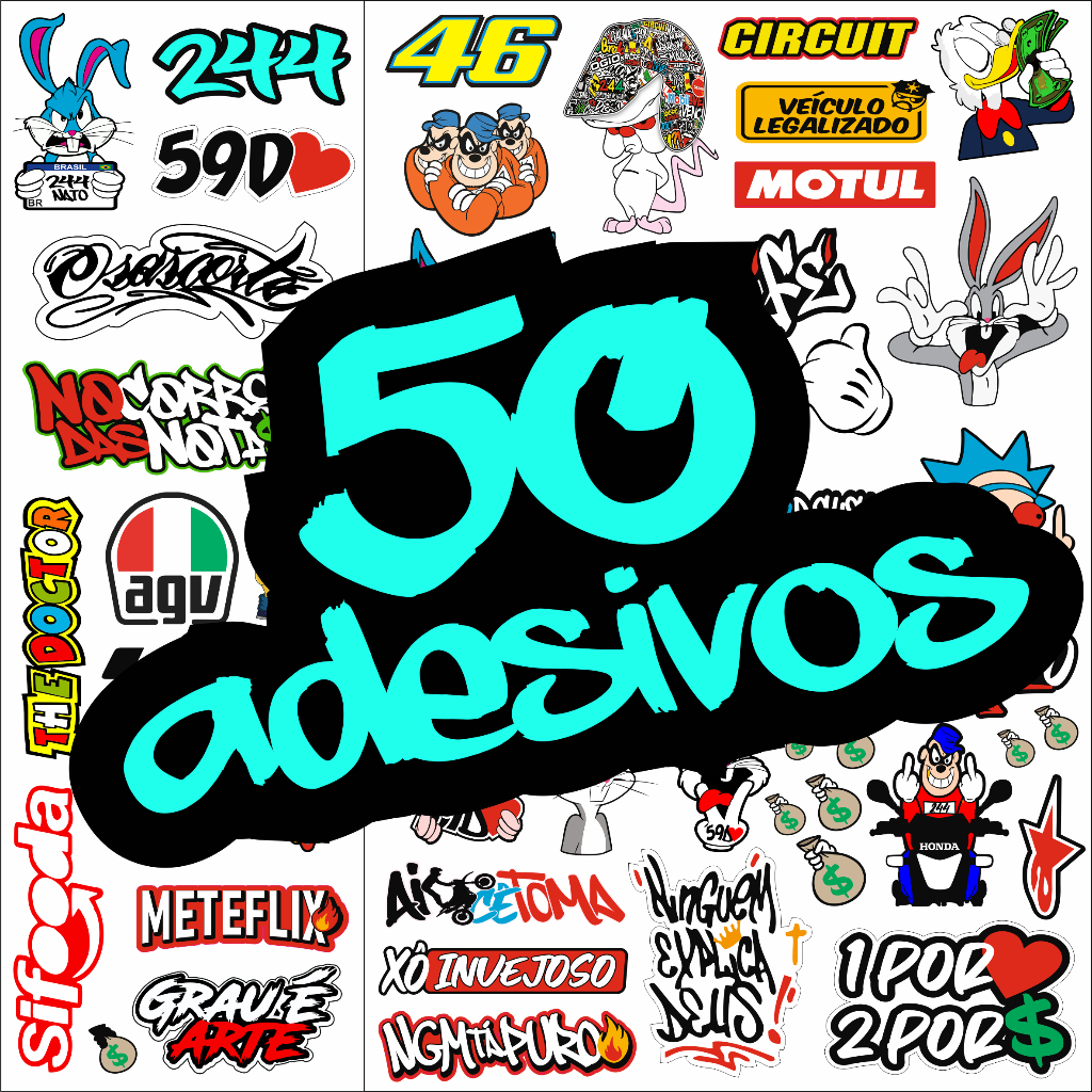 Cartela de Adesivos Para Bike Carro Moto Kit Com 50 Unidades