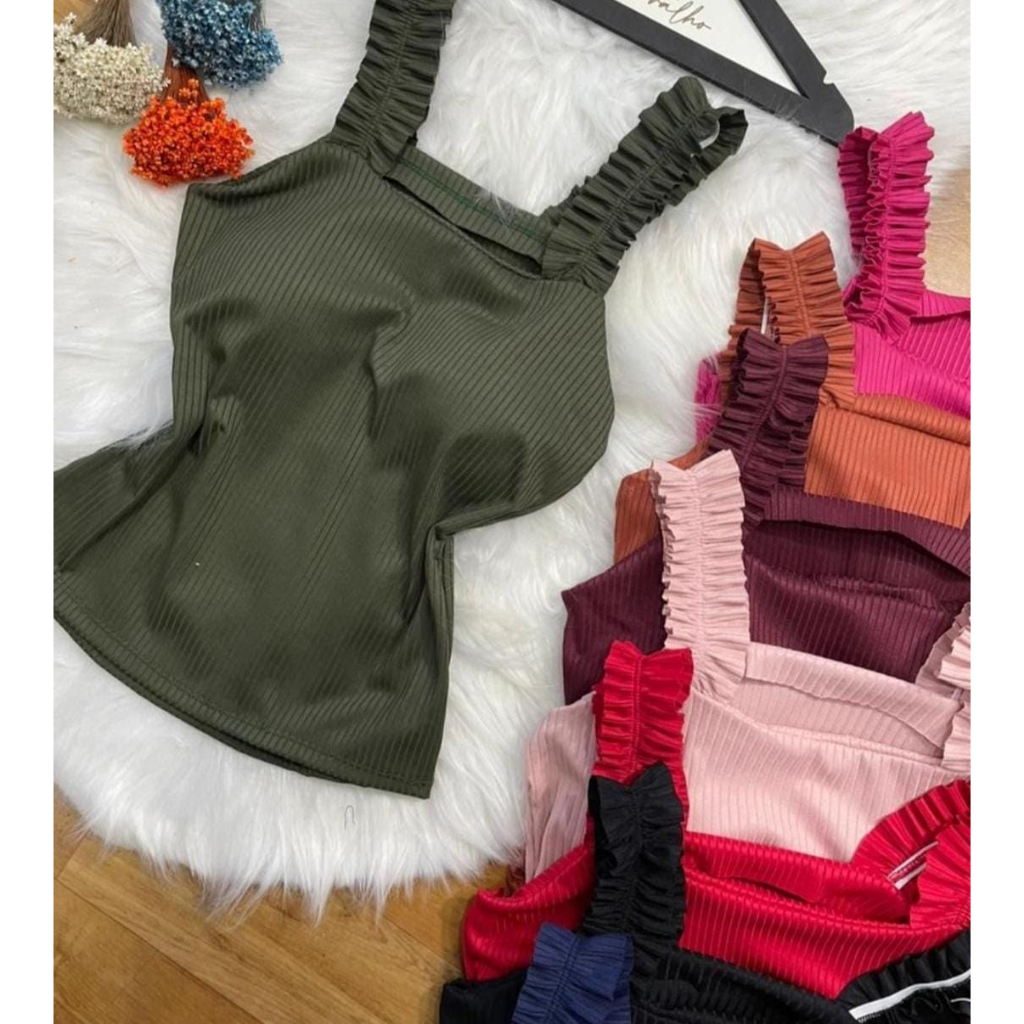 Blusa Feminina Alça Franzida Babado Malha Canelada Moda Evangelica Casual Estilosa Moderna