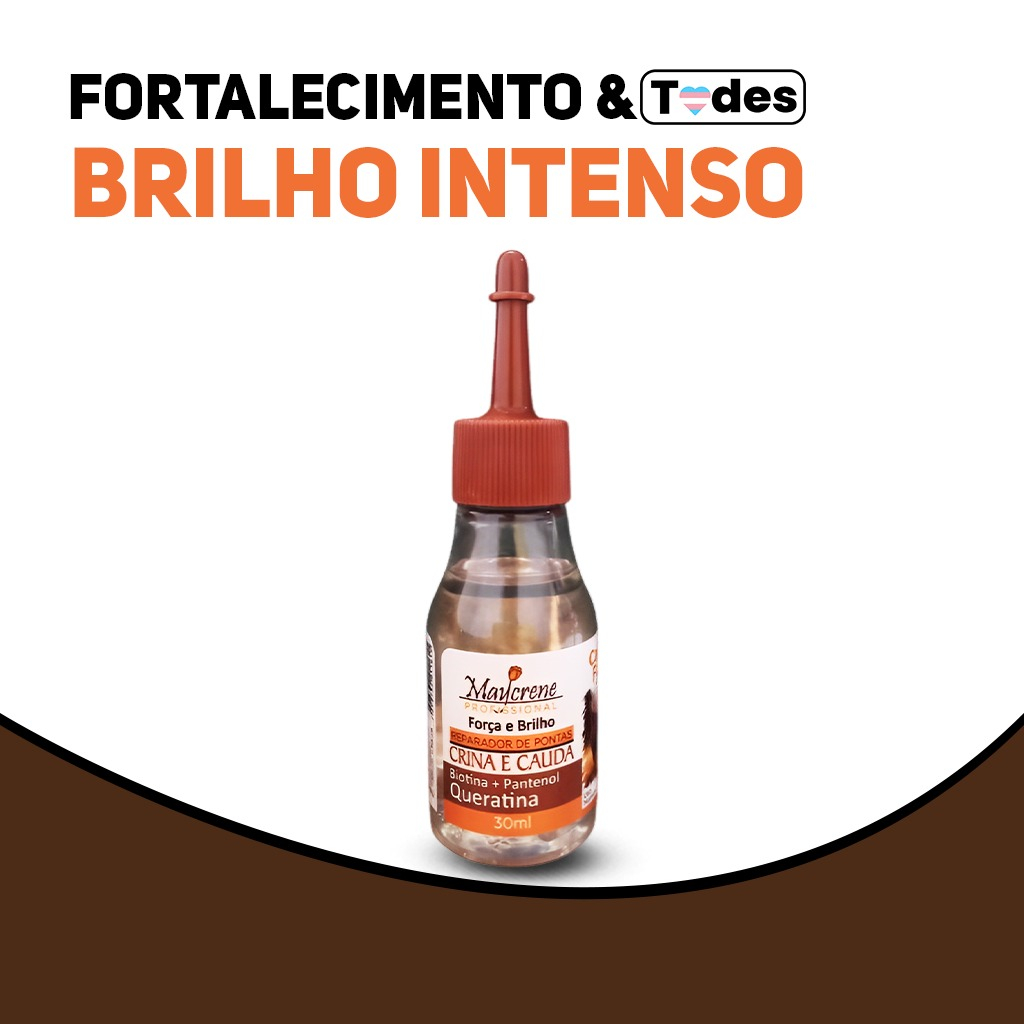 Óleo Reparador de Pontas Crina e Cauda Cabelo Forte 30ml Maycrene Forças e Brilho Para os Fios