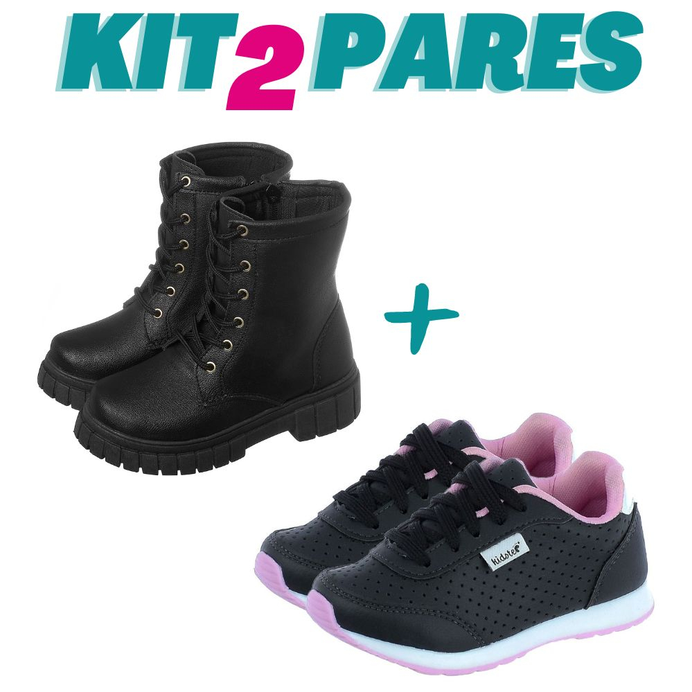 Kit 2 Pares Tênis Infantil Feminino Preto Rosa e Coturno Tratorado Preto