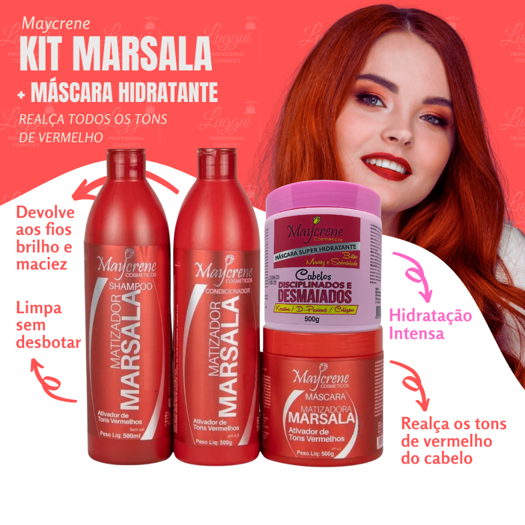 Kit Marsala Matizador de tons vermelhos + 1 Máscara de Hidratação Desmaiados e Disciplinados Maycrene - 4x500ml