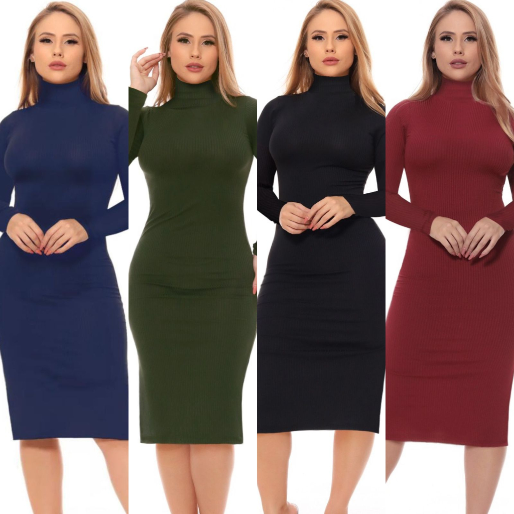 Vestido Midi Gola Manga Longa Canelado Justo Inverno estiloso Mulher Confortavel Sexy