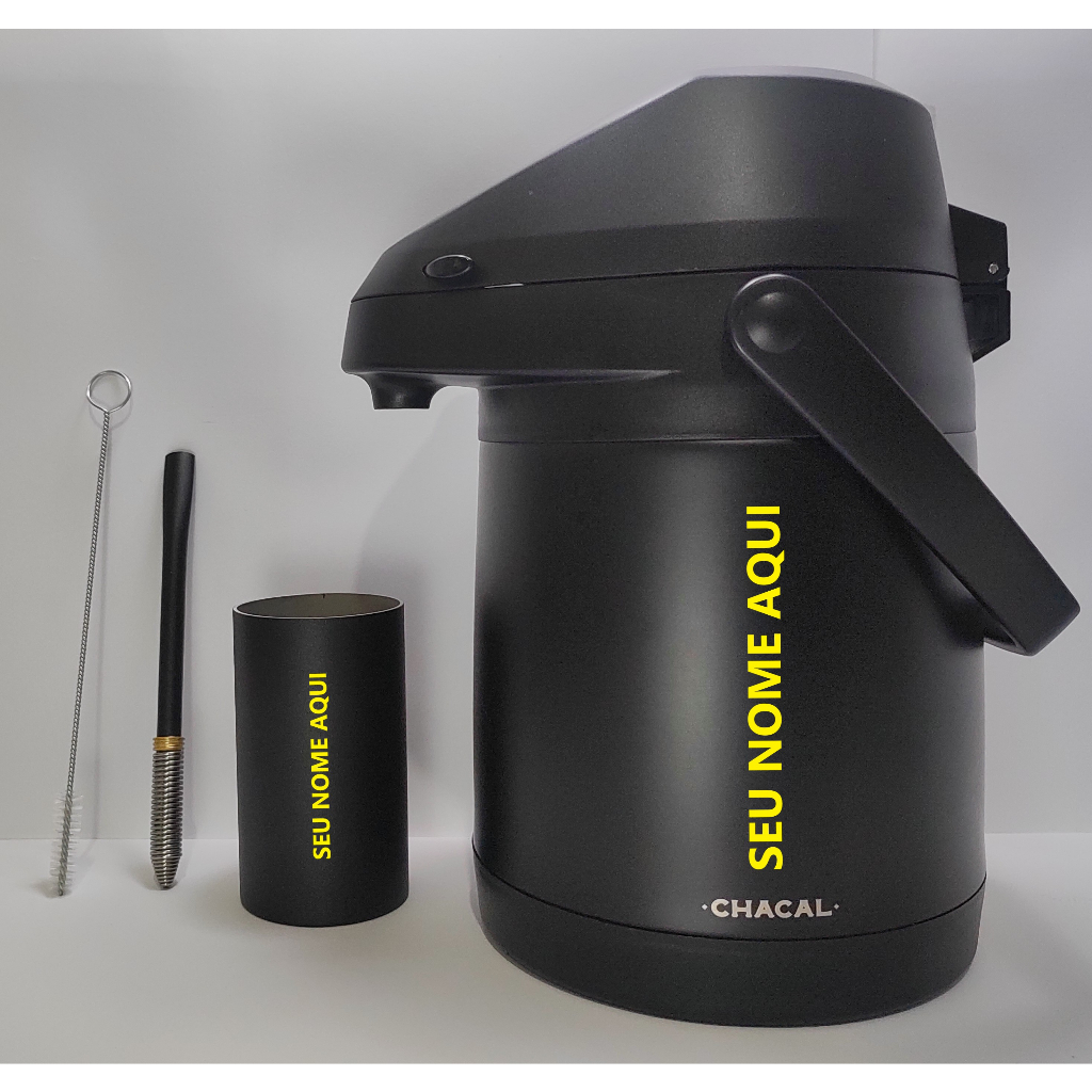 Kit com Personalização (COR PRETO): Garrafa térmica CHACAL 2,5L + Copo Cuia redondo 300Ml INOX + BOMBA DA SUA ESCOLHA (Mola cônica, Mola externa, Quadrada ou Quadrada Torcida ou V6 telada)