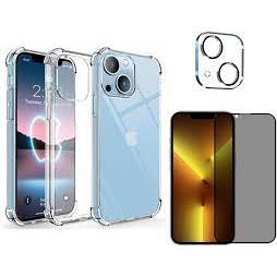 Kit 3X1 Apple iPhone 15 Plus Tela 6.7"- Película Privacidade Ceramica 9D + Capa TPU + Pel Camera 3D