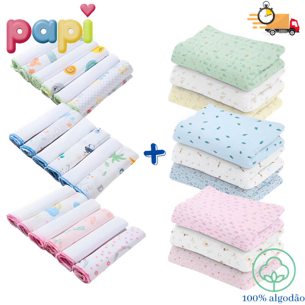 Kit 9 Peças Enxoval Bebe - 3 Cueiros Flanelados Estampados ou Lisos + 6 Paninho de boca 100% algodão em Oferta na Shopee