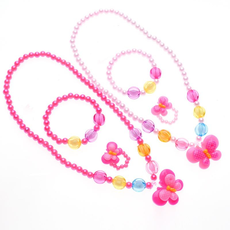Kit Colar/Pulseira e Anel Infantil Flor Borboleta e Laço  Pérola Bijuterias