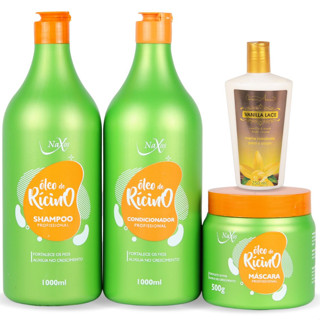 Kit de Tratamento Capilar Óleo de Ricino (Shampoo,Condicionador 1 litro, Máscara e Creme Corporal 250ml) Naxos