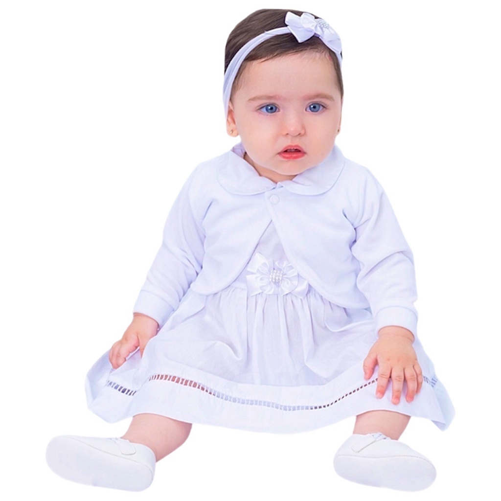 Vestido de Bebê Batizado Branco Menina com Bolero 2 Peças 100% Algodão Mundo Nina