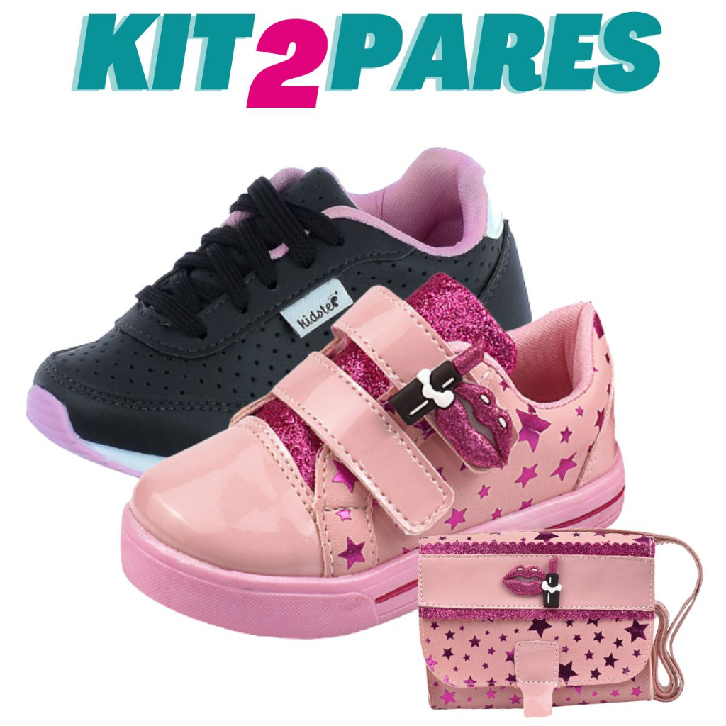 Kit 2 Pares Tênis Infantil Feminino Estrelas com Bolsa e Jogging Preto Rosa Kidstep em Oferta na Shopee