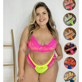 Lingerie Plus Size Sexy Neon Conjunto Bicolor com Aro Renda Sensual Microfibra