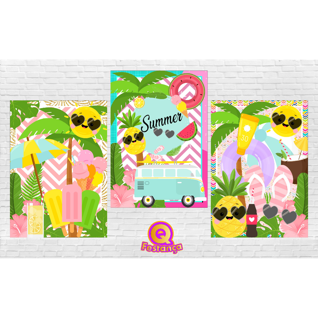 Poster Tropical Summer 30x40cm - KIT COM 3 POSTER - Decoração Festa Aniversário tema Praia, Tropical, Festa na Piscina, Pool Party, Frutas, tema Hawai, Tema Praiano.