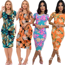 Vestido Midi Floral Estampado Malha Elegante Versátil Casual Moda Tendência Feminina Gestante Grávida Verão Manga Curta