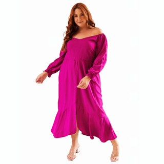 Vestido Midi Manga Longa Plus Size Fenda Frontal Tendência