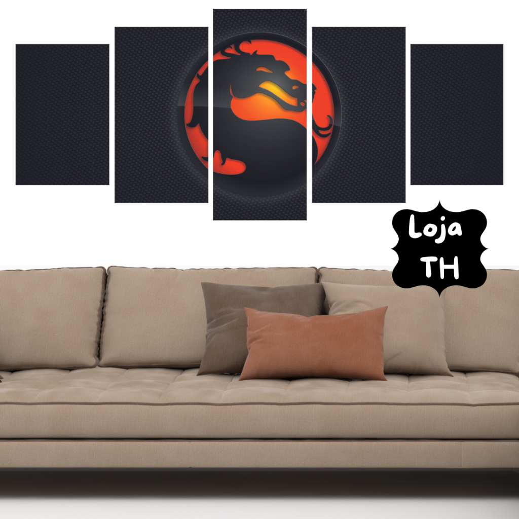 Quadros Decorativos Kit 5 Peças Mosaico Vídeo Game Jogo Mortal Kombat Símbolo Fundo Preto Dragão