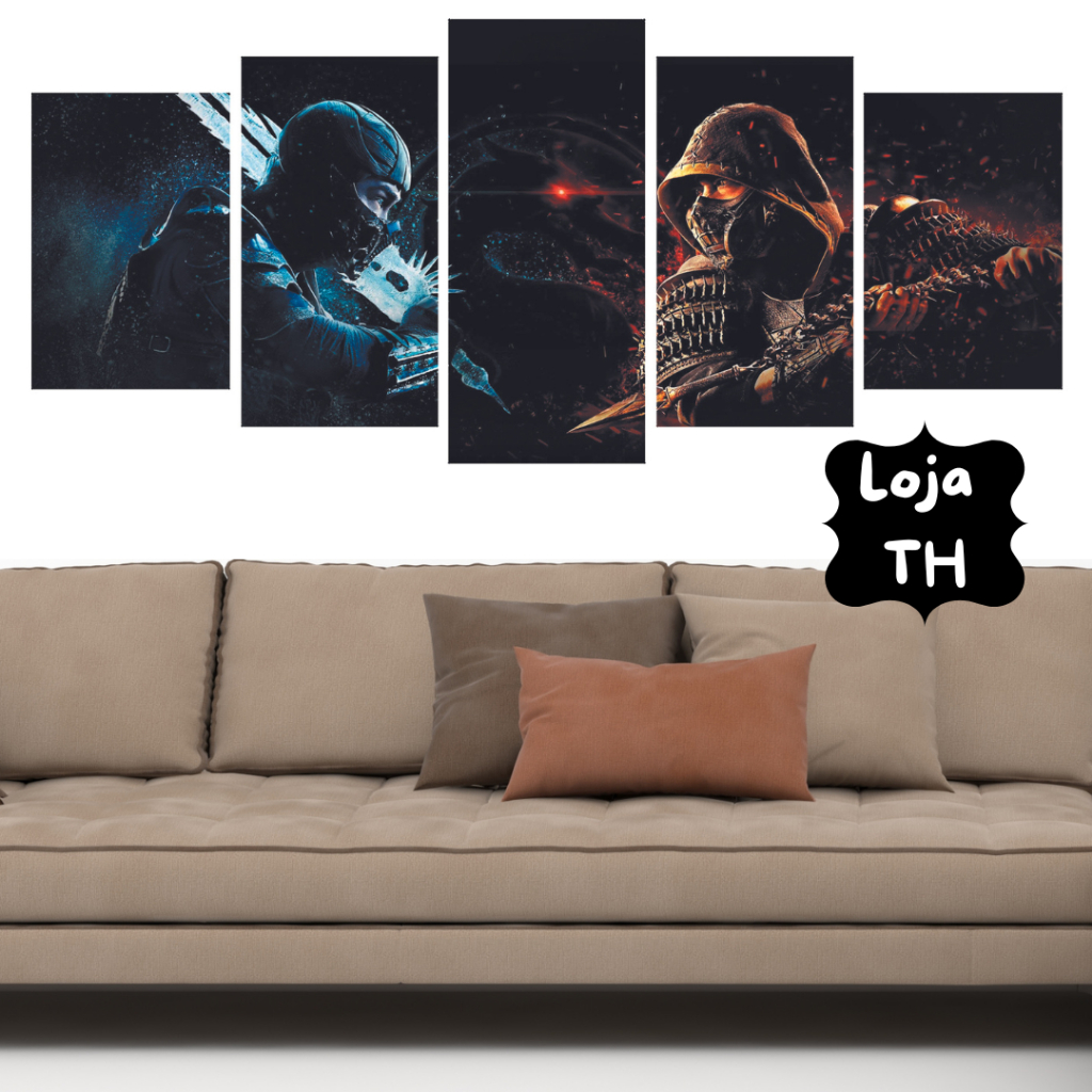 Quadros Decorativos Kit 5 Peças Mosaico Mortal Kombat Scorpion e Sub Zero Jogo Vídeo Game