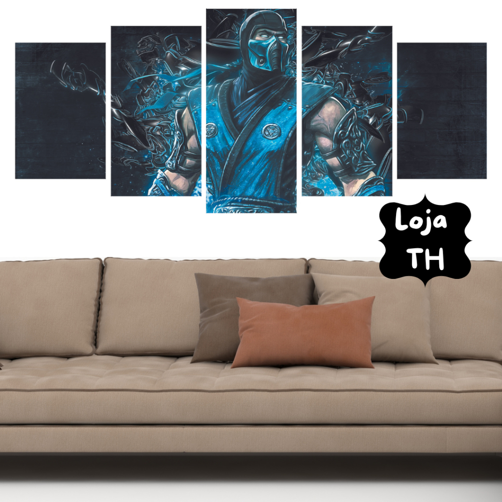 Quadros Decorativos Kit 5 Peças Mosaico Mortal Kombat Jogo Vídeo Game Personagem Forte Sub Zero