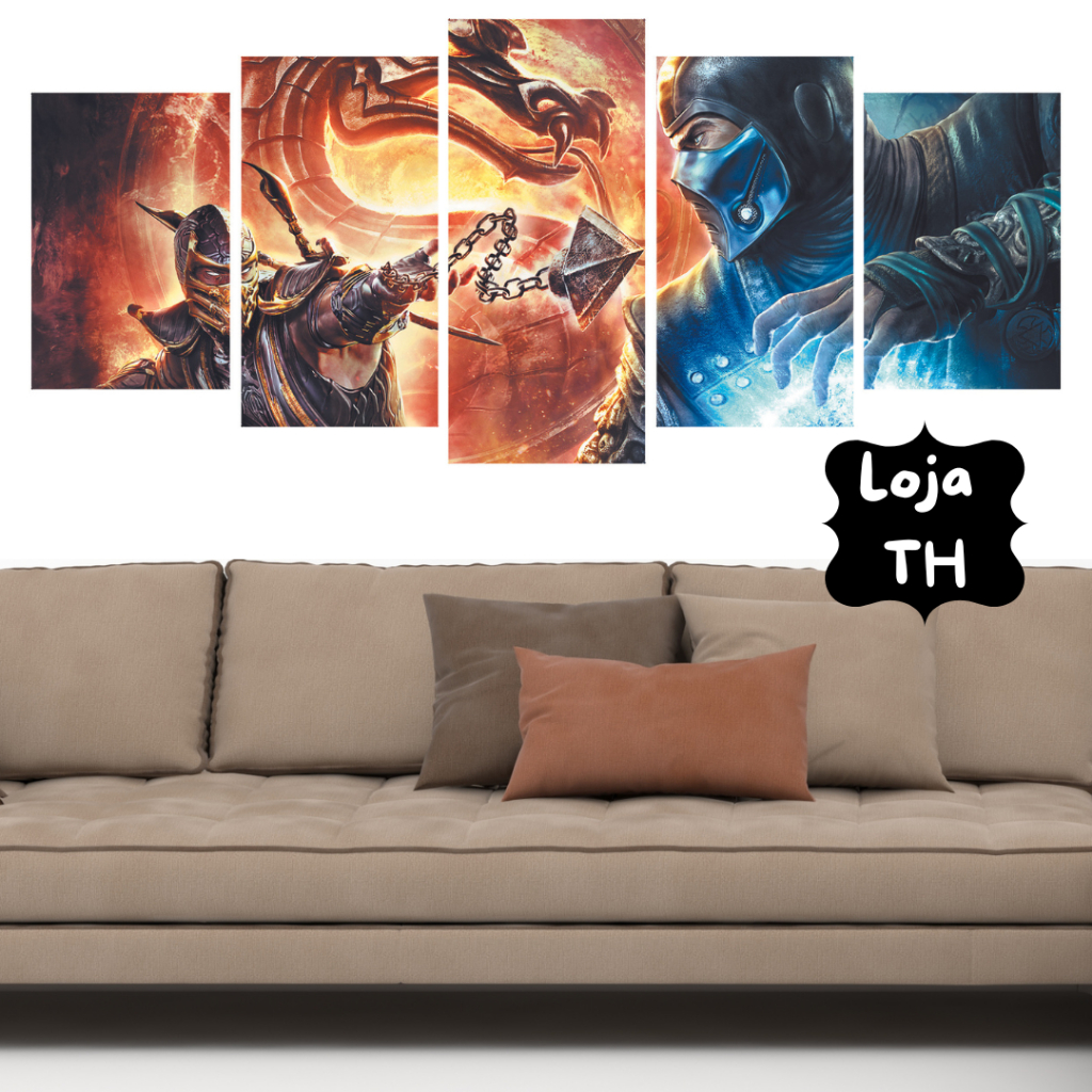 Quadros Decorativos Kit 5 Peças Mosaico Mortal Kombat Sub Zero Contra Scorpion Vídeo Game Jogo