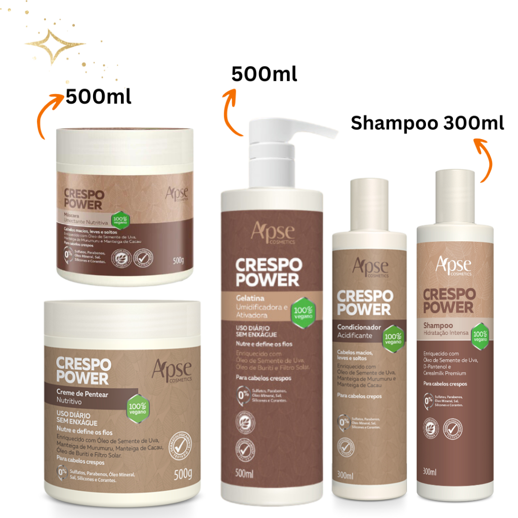 Kit cabelos crespo Power Apse shampo condicionador acidificante gelatina capilar mascara500g nutrição creme de pentear ativador de cachos 5 produtos