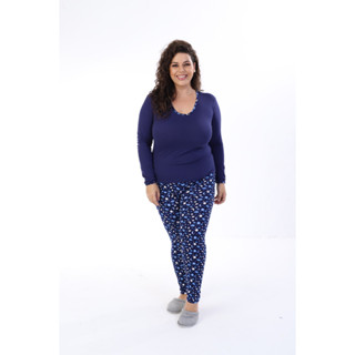kit 2 pijamas plus size feminino de inverno longo conforto suede ligth soft manga comprida