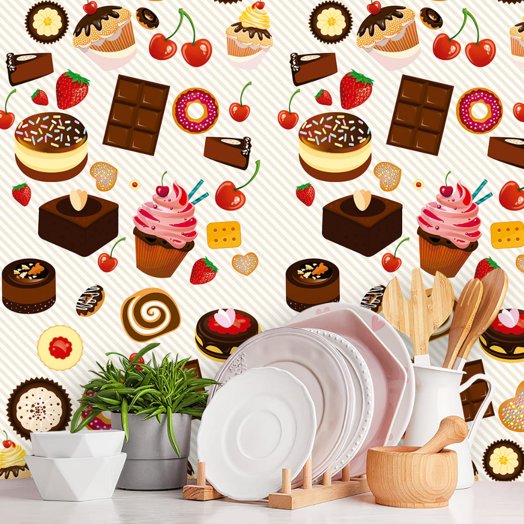Papel de Parede Adesivo Cozinha Com Bolos e Chocolates Fundo Listrado 1m