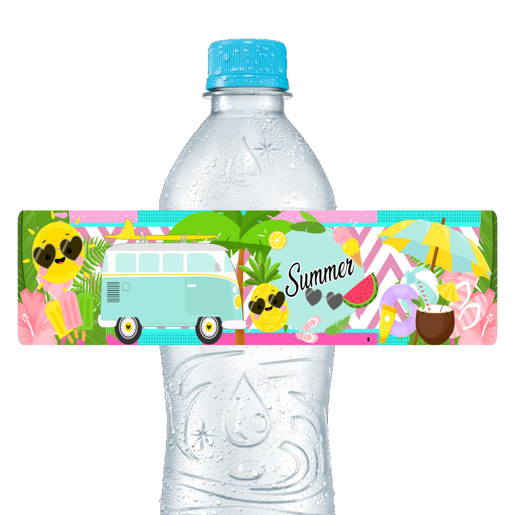 10 Adesivos Para Água 500ml Tropical Summer - Pronto para aplicação, Decoração Festa Aniversário Tema Praia, Tropical, Festa na Piscina, Pool Party, Frutas, tema Hawai, Tema Praiano.