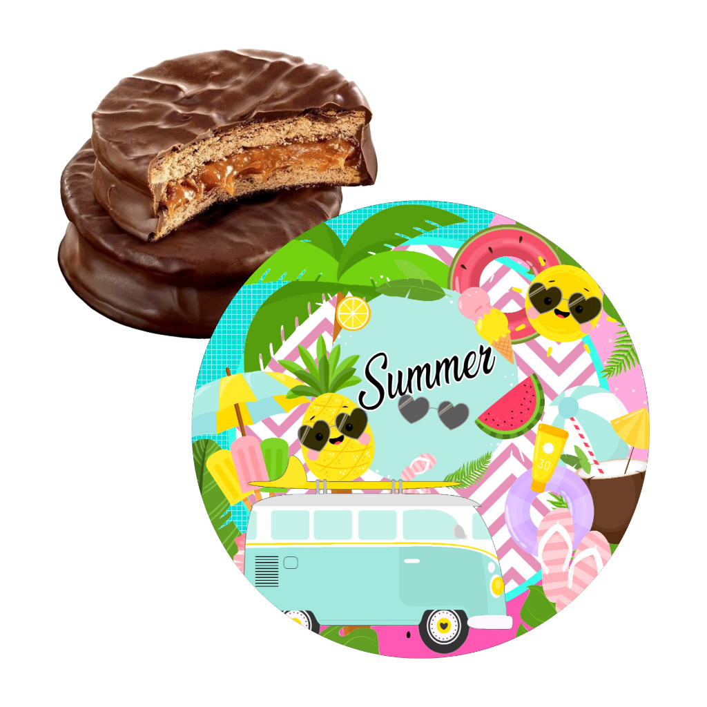 10 Adesivos para Alfajor 5cm Tropical Summer - Pronto para ser aplicado, Decoração Festa Aniversário e Lembrancinhas Praia, Tropical, Festa na Piscina, Pool Party, Frutas, tema Hawai, Tema Praiano.