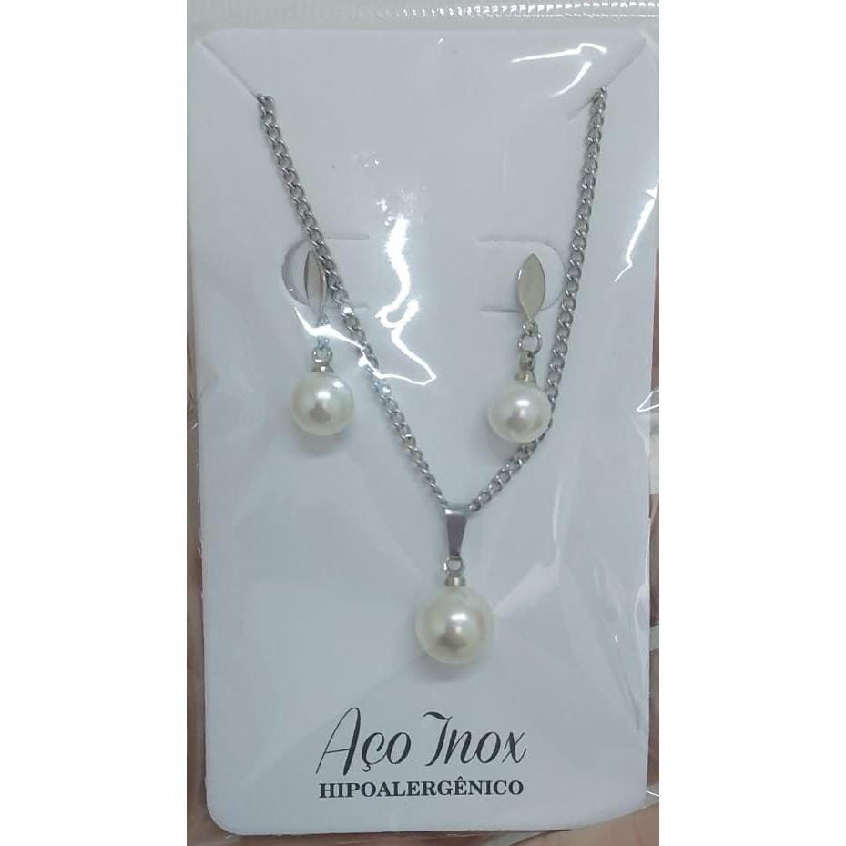 Conjunto Colar Brinco Feminino cor Prata Aço Inoxidável AntiAlérgico Pingente  Perole Envio Imediato