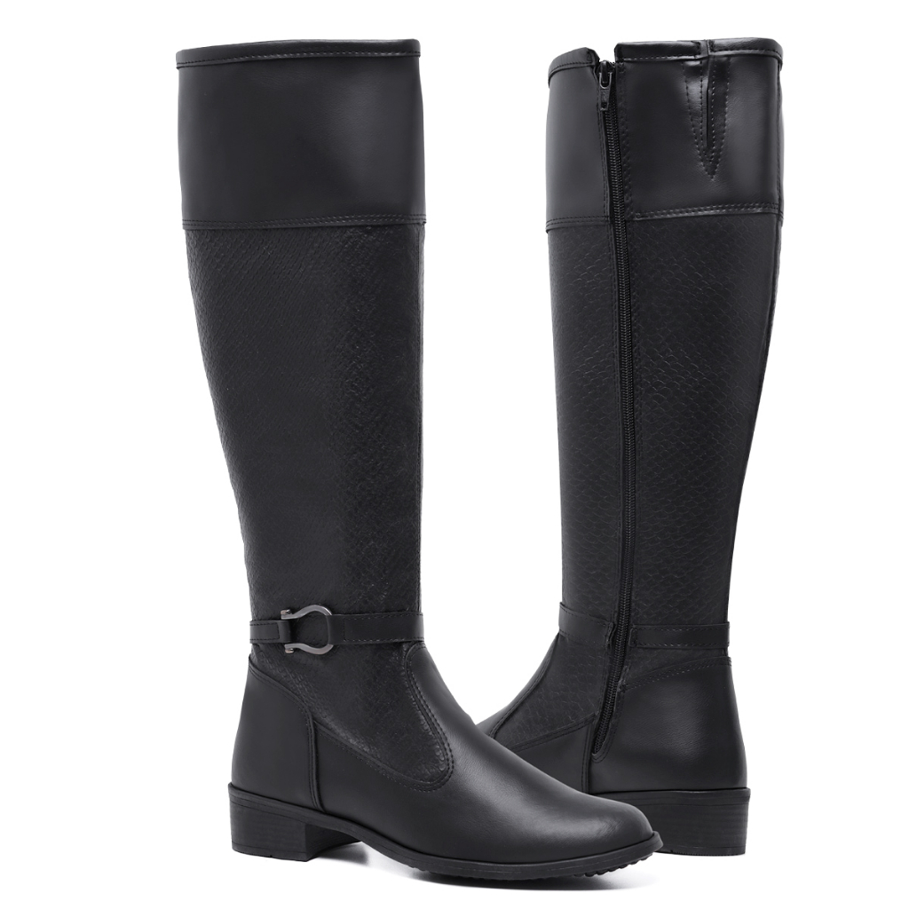 Bota Feminina Montaria 11070 Cores Com Fivela Confortável Casual Cano Alto Com Zíper Lateral