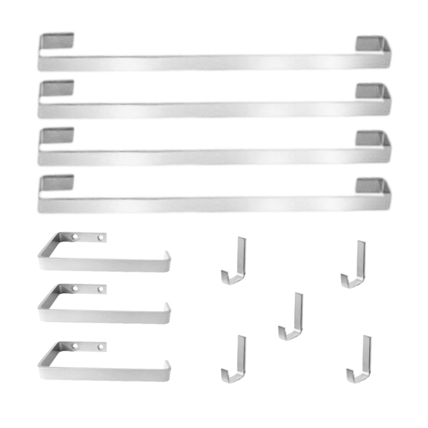Kit 12 peças: 4 Porta Toalhas Banho Quadrado + 3 Porta Toalhas Rosto Quadrado + 5 Cabides Quadrado