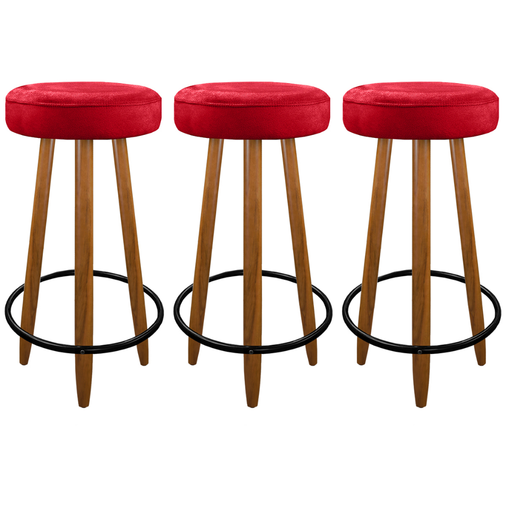 Kit 3 Banquetas Alta Madeira Para Cozinha Balcão Bar Área Gourmet 75 cm - Vermelho
