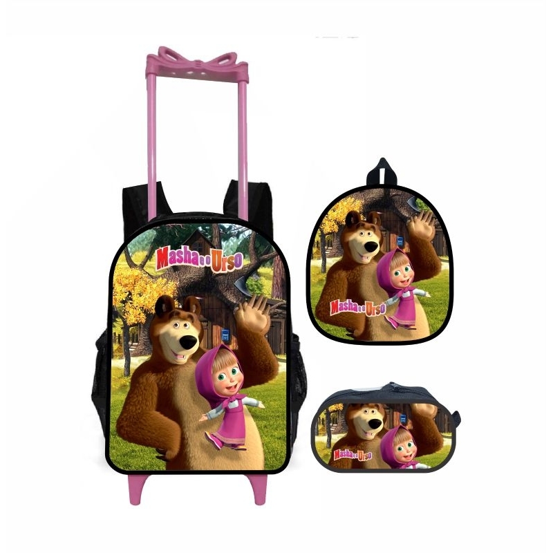 marsha e o urso mochila escolar com carrinho