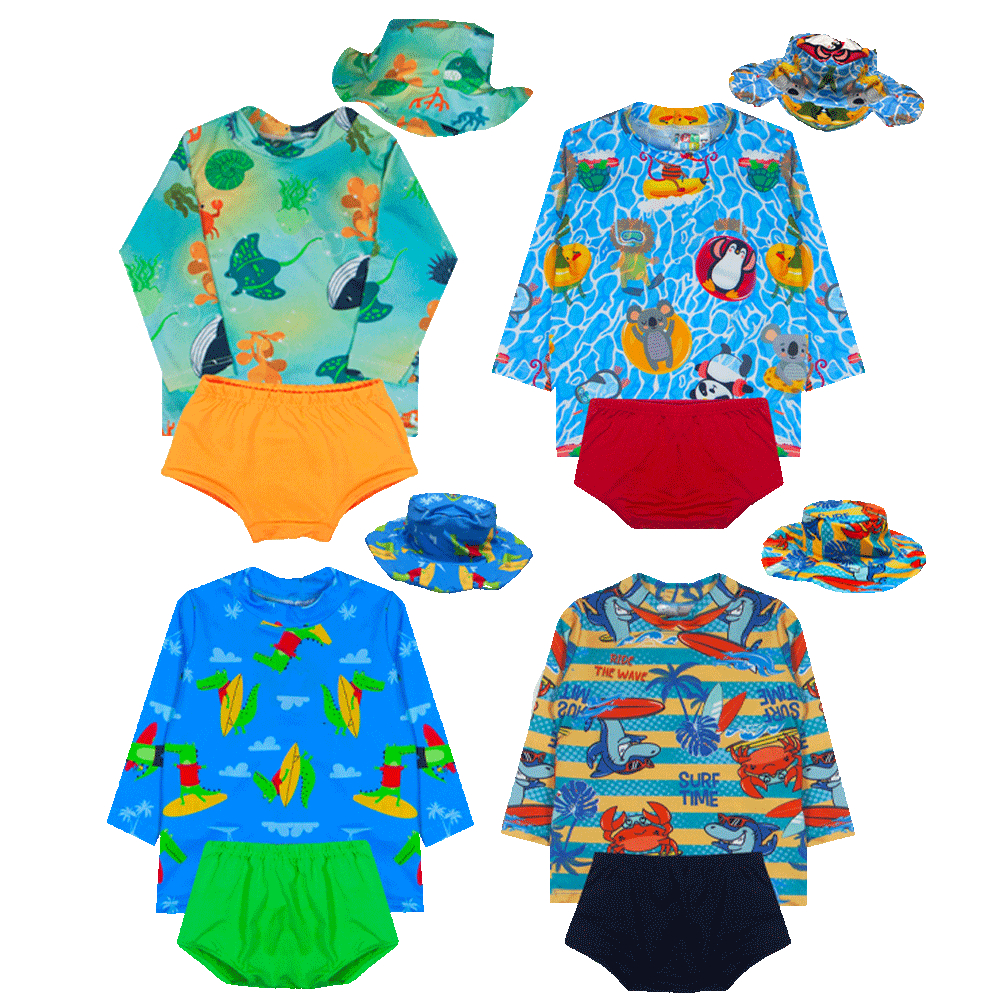 Kit Blusa com Proteção Solar UV50 + Tapa Fraldas + Chapéu Bebê e Infantil Moda Praia Meninos