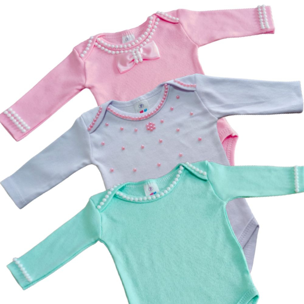 Kit 3 body bebe menina manga longa em Oferta na Shopee