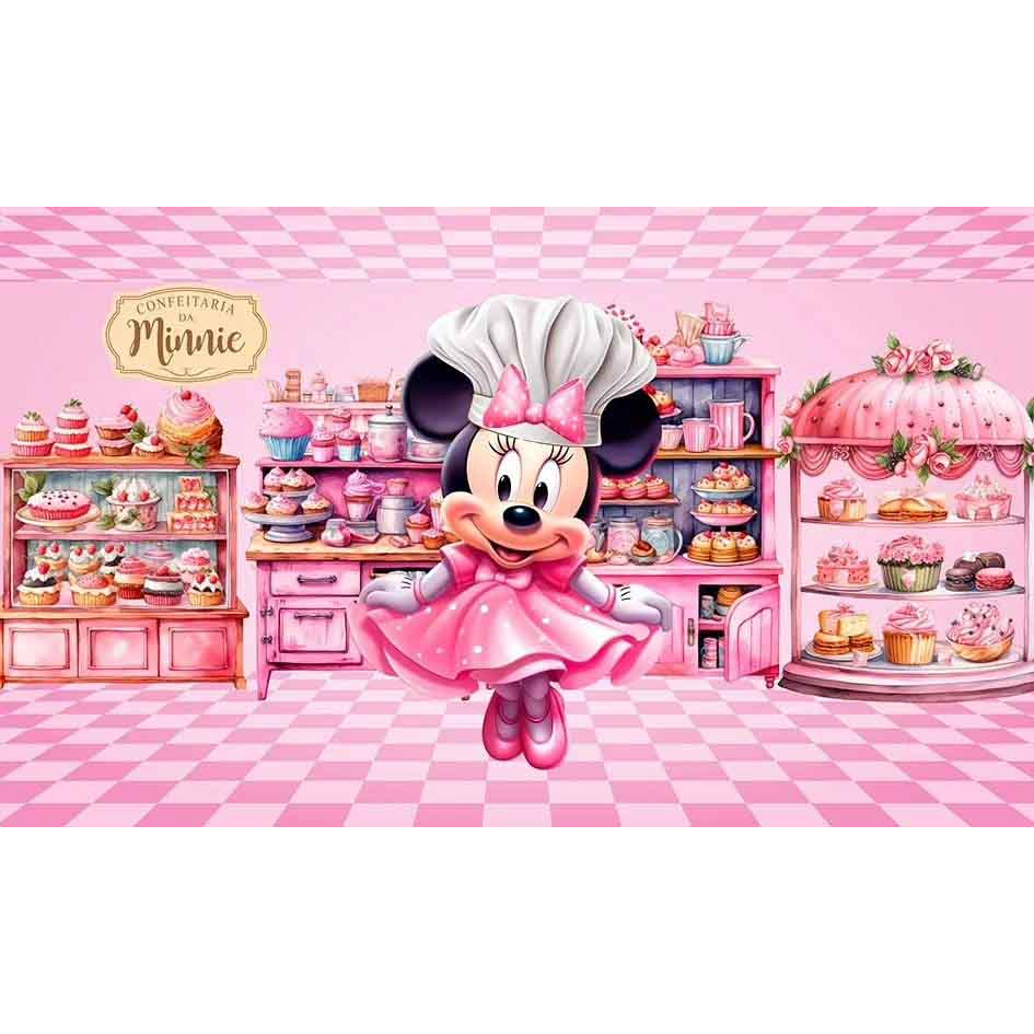 Painel Festa Decoração tecido sublimado Confeitaria da Minnie