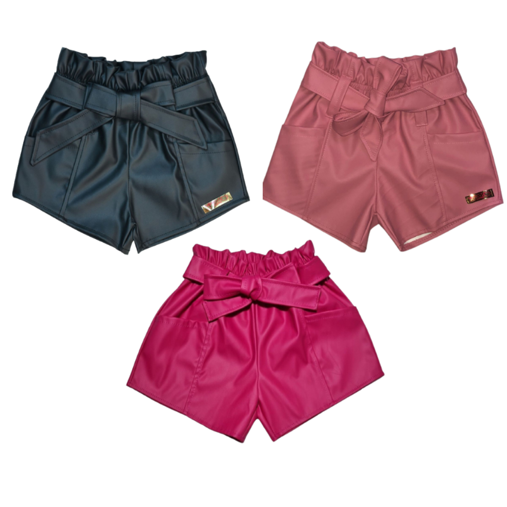 Short Couro Infantil Couro Fake Courino de Laço Menina Blogueirinha Sirre
