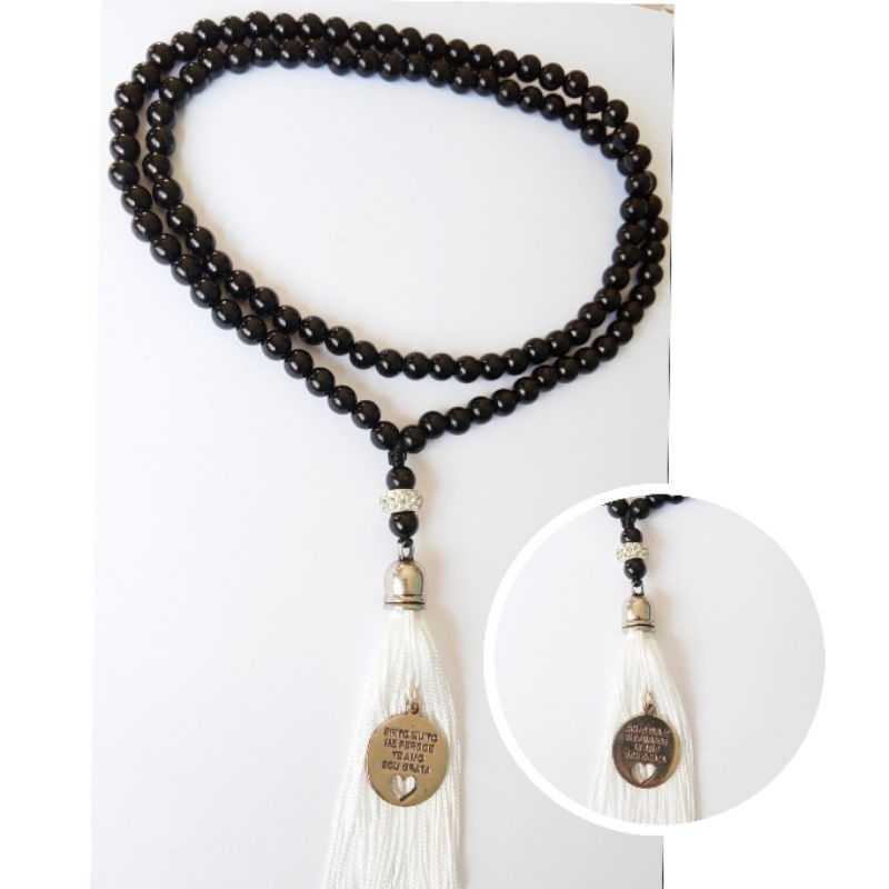 Imagem Japamala 108 Contas Pérola Negra Com Berloque Branco E Pingente Ho'oponopono Rosário Budista Ref:310