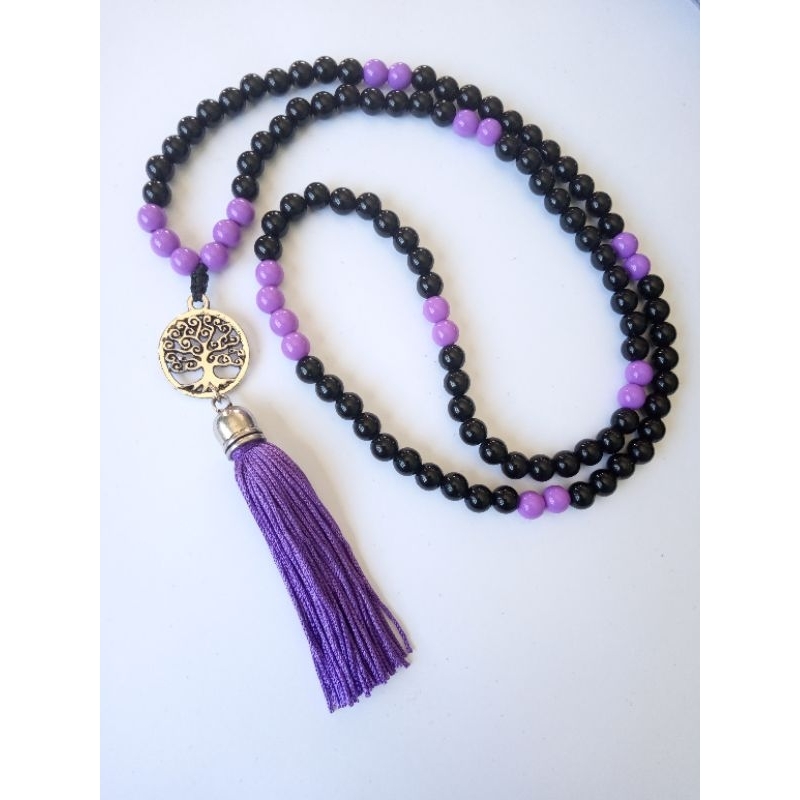 Imagem Japamala 108 Contas Pérola Negra Com Acrílico Roxo E Pingente Árvore da Vida Rosário Budista Ref:312