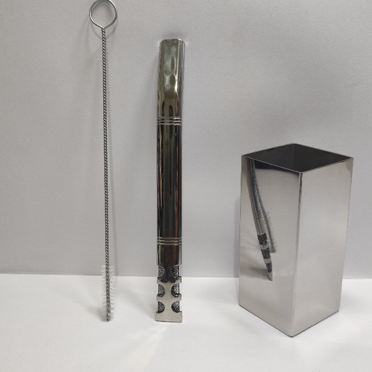 Kit POLIDO PARA Tereré: Copo Cuia quadrado INOX polido 250ml + Bomba V6 Premium e Escovinha de Limpeza